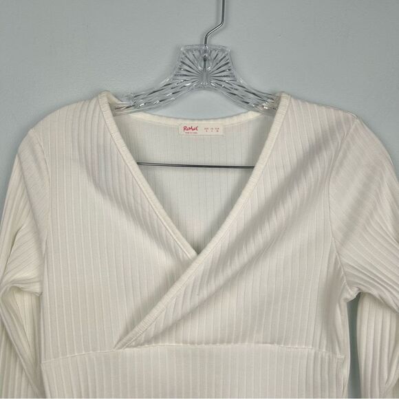 Romwe Ribbed V-Neck Long Sleeve Cropped Faux Wrap Top White Sz 4 - Picture 3 of 13
